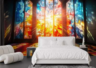 Stained Glass Window with Sunbeams. Wall mural