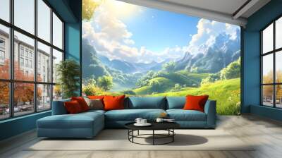 Sunny Meadow with Mountain View. Wall mural