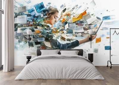 Woman Overwhelmed by Information and Technology. Wall mural