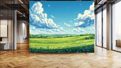 Background of a summer landscape with a green grass field and blue sky.  Wall mural