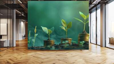 plant growing from money coins stack business background Wall mural