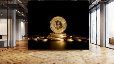 Bitcoin BTC Cryptocurrency Coins on gold money coin with black background Wall mural