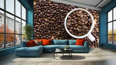 Close up of white coffee cup full of coffee beans background with copy space Wall mural