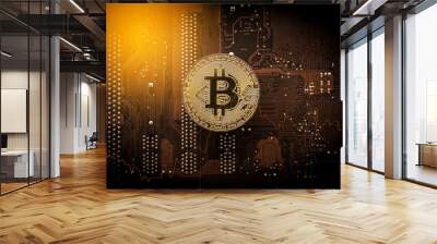 Gold bitcoin on computer mainboard with trading graph, Mining and trade bitcoin concept.  Wall mural