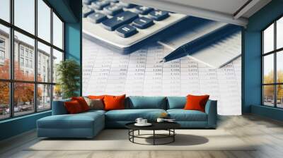 Pen and Calculator on accounting report, Business and Financial concept.  Wall mural