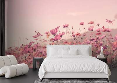 Soft blur of cosmos flowers field with the vintage pink color style for background Wall mural