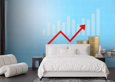 Stack of golden money coin on blue background with graph and red up arrow. Business, money and financial background.  Wall mural