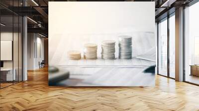 Stack of money coin on accounting sheet with selective focus, Business and financial concept.  Wall mural