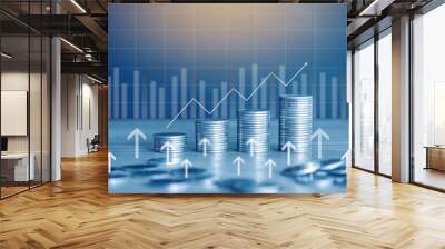 Stack of money coin with graph and chart, financial investment concept use for background with blue filter. Wall mural