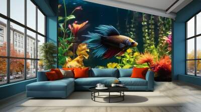 A beautidul betta spelndens fish, siamese fighting fish with aquascape Wall mural