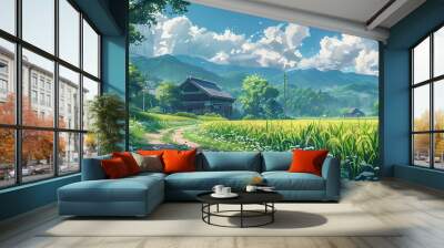 anime lofi style japanese farmer with nature landscape background Wall mural