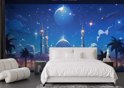 Beautiful Mosque with night sky background cartoon style Wall mural