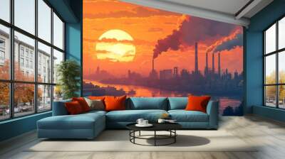 illustration of global warning with factories and smoke, sunset on background Wall mural