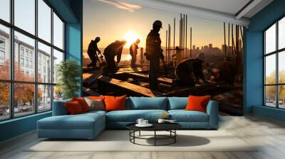 silhouette of construction workers building at sunset Wall mural