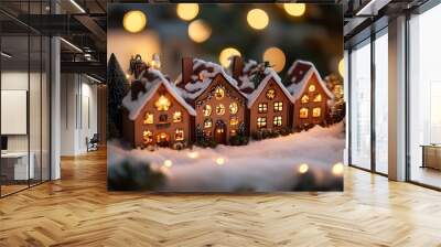 Christmas village glowing in the snow with golden lights background Wall mural