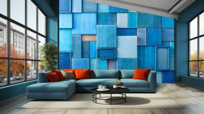 Azure Geometry: A symphony of blue hues in a textured, abstract composition.   Wall mural