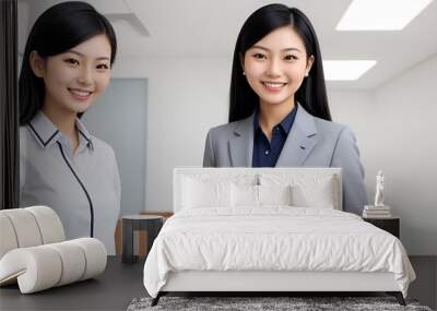 Confident and Ready:  Two young Asian businesswomen stand side-by-side, radiating confidence and professionalism in a modern office setting. Their smiles suggest a shared sense of purpose and success. Wall mural