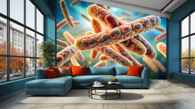 Microscopic World: A 3D rendering of rod-shaped bacteria, showcasing their textured surfaces and vibrant colors against a blurred background. Ideal for scientific or medical contexts.  Wall mural