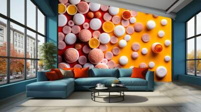 Sweet Symphony: A vibrant scattering of colorful candies dance across a bold red and yellow background, a delightful treat for the eyes.  Wall mural