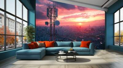 A 3d base station receiver on a telecommunication tower against a vibrant sunset over a cityscape, symbolizing connectivity and communication. Wall mural