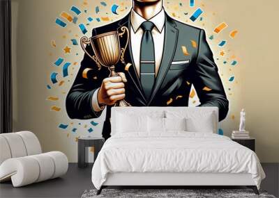 A confident, well-dressed businessman stands in a modern office, holding an award for top sales performance and employee excellence, symbolizing corporate success and professional talent. Wall mural