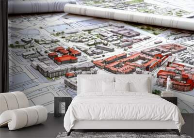 A detailed, technical blueprint showcasing urban planning and city zoning. A layout of a city, including residential, commercial, industrial zones and transportation routes and green spaces. Wall mural