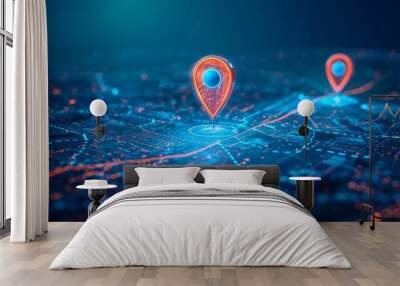 A detailed map displaying a specific location marked with two vibrant pins, symbolizing the starting and destination points in a GPS navigation system used for efficient route planning and guidance. Wall mural