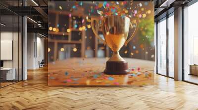 A gleaming gold winners trophy cup takes center stage, surrounded by a vibrant burst of celebration confetti and sparkling glitter, symbolizing academic achievement and educational excellence. Wall mural