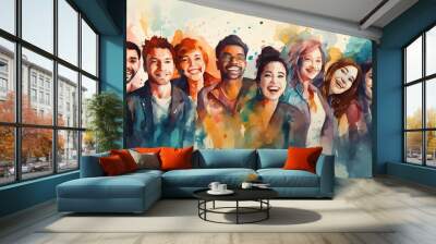 A joyful assembly of diverse friends from various ethnic and cultural backgrounds, smiling and embracing unity and friendship in a vibrant social setting. Wall mural