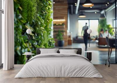 A modern, eco-friendly office environment promoting employee health, featuring a lush living green wall, natural light, and ergonomic furniture designed for comfort and productivity. Wall mural