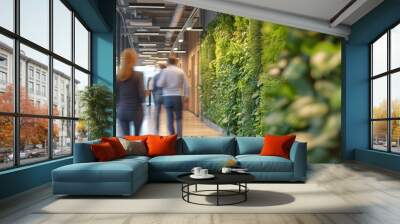 A modern, eco-friendly office environment promoting employee health, featuring a lush living green wall, natural light, and ergonomic furniture designed for comfort and productivity. Wall mural