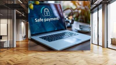 A secure online payment concept featuring a digital lock icon and a credit card, symbolizing safe and protected transactions over the internet. Wall mural