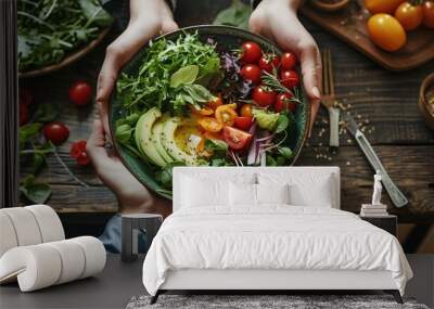 A serene setting showcasing a balanced meal with a focus on mindful eating, featuring nutritious foods that promote a healthy diet and lifestyle. Wall mural