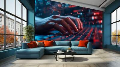 A shadowy figure of a hacker with a hoodie sits in a dark room, typing malicious code on a computer with multiple screens, committing cybercrime. Wall mural