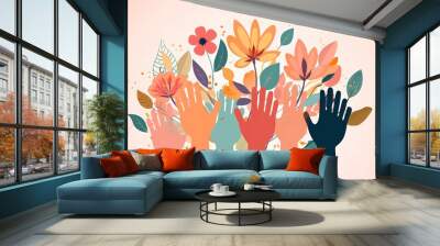 A vibrant, abstract illustration featuring a variety of diverse hands reaching upwards, intertwined with intricate floral elements, symbolizing unity, diversity, and nature. Wall mural