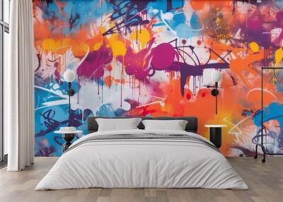 A vibrant, seamless pattern of colorful graffiti art layered on a weathered concrete wall, showcasing urban street art. Wall mural