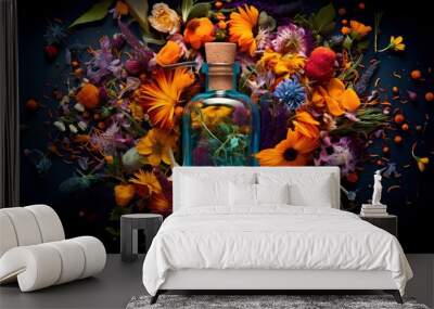 A vibrant explosion of herbs and flowers emerging from an apothecary bottle. The botanical ingredients symbolize natural health and wellness, emphasizing the power of nature in promoting wellbeing. Wall mural