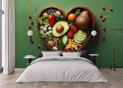 A vibrant photo showcasing a heartshaped bowl filled with nutritious diet foods, including fresh fruits, vegetables, and whole grains, promoting heart health and cardiovascular wellness. Wall mural