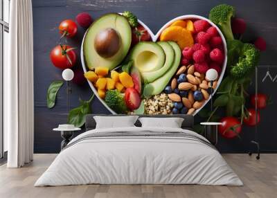 A vibrant photo showcasing a heartshaped bowl filled with nutritious diet foods, including fresh fruits, vegetables, and whole grains, promoting heart health and cardiovascular wellness. Wall mural