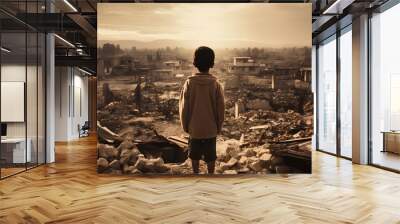 A young child stands in the foreground, gazing somberly at the ruins of a house demolished by a recent bombing in a wartorn city, reflecting the tragic impact of conflict on children. Wall mural