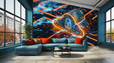 Abstract illustration of cloud security services, stylized cloud icon integrated with a secure padlock symbol, representing data protection and cybersecurity in cloud computing environments. Wall mural