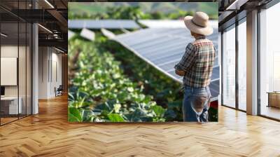 Agrivoltaics, a sustainable farming innovation, integrates solar panels with crops, allowing for simultaneous agricultural production and renewable energy generation on the same land. Wall mural