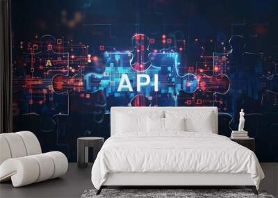 An abstract technology-themed image showcasing a puzzle piece symbolizing API integration within a digital environment, suggesting connectivity and software development. Wall mural