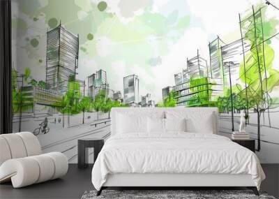 An artistic sketch depicting a bustling urban street scene focused on sustainable development, featuring pedestrians and cyclists coexisting in a green environment with eco-friendly infrastructure. Wall mural