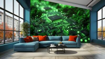 An innovative green tech concept showcasing sustainable technology usage with eco-friendly devices and renewable energy solutions for a cleaner environment. Wall mural