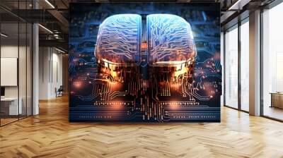 big data and artificial intelligence concept. human brain glowing from processor, symbolizing the fu Wall mural