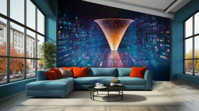 Big data technology and information funnel concept. Large digital funnel with online data as process of data collection, analysis, and transformation into useful information. Modern, digital style. Wall mural