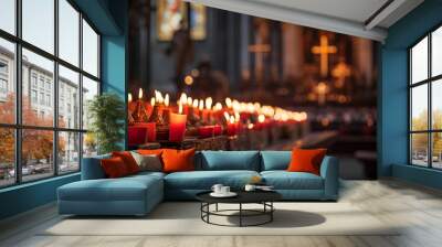 Candles in church with altar in background. Beautiful catholic or Lutheran cathedral with many lit candles as prayer or memory symbol. Beautiful lights in Christian basilica and crucifix in background Wall mural