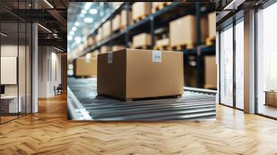 Cardboard boxes on a conveyor belt in a warehouse, representing efficient micro-fulfillment operations. Wall mural