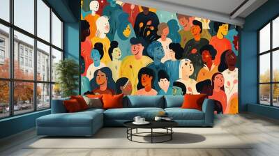 Colorful illustration of a diverse group of stylized people with various ethnicities, ages, and styles, representing inclusivity and community in a vibrant, abstract setting. Wall mural